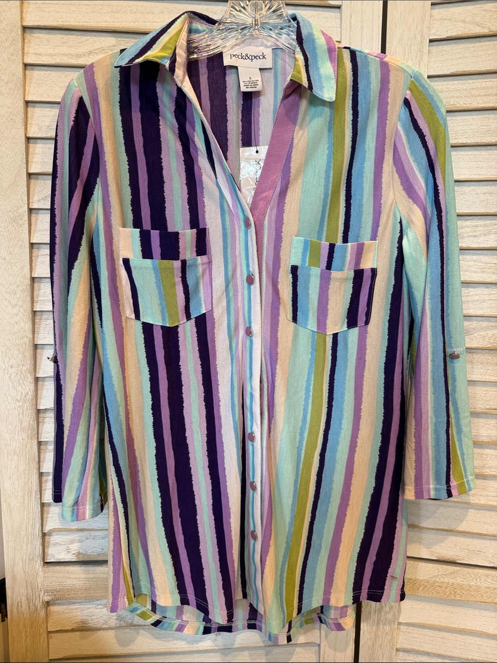 Peck & Peck Pastel Multistripe Button-Front Shirt in Purple, Mint & Cream